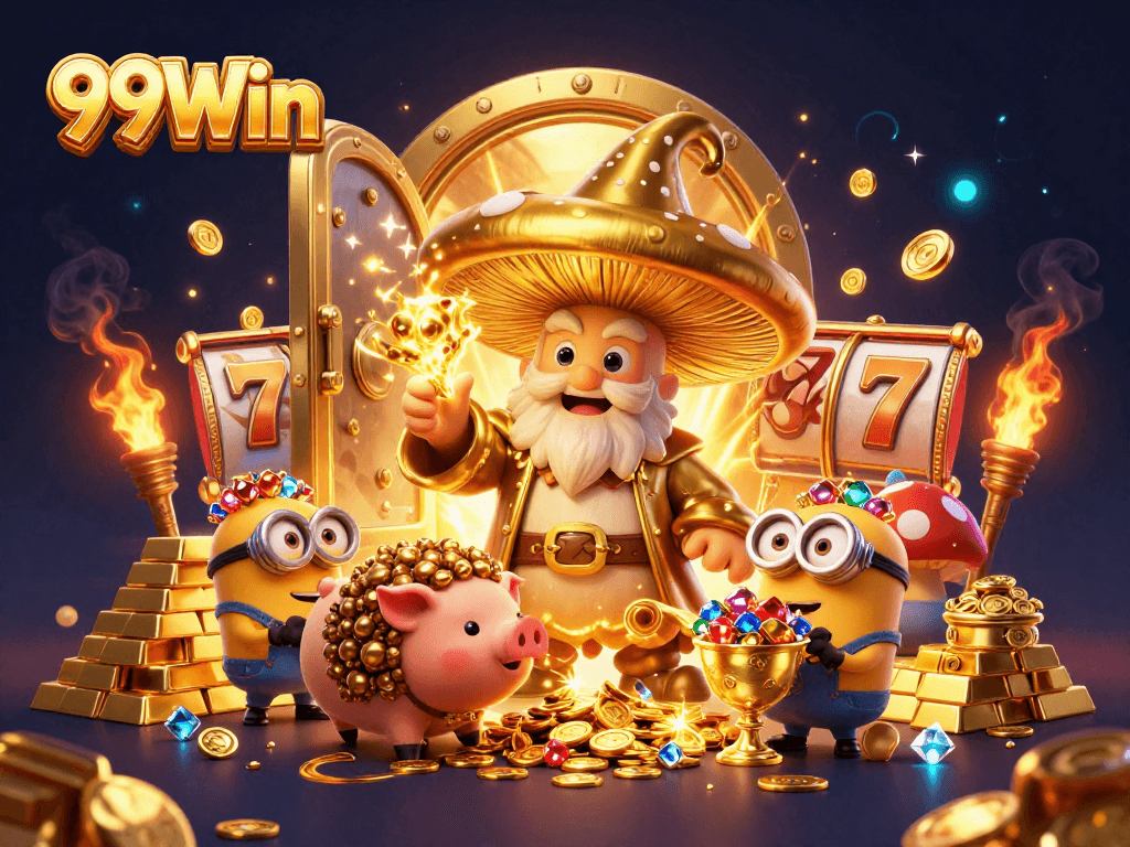 Experience the magic of 99Win with a golden wizard and treasure in a bustling casino scene.