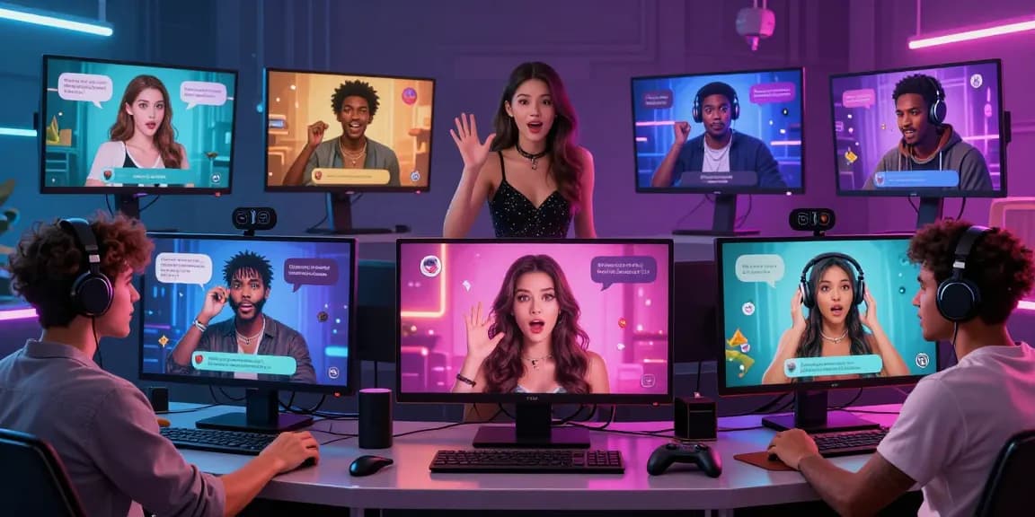 Engaging scene of diverse characters in an AI porn chat environment, showcasing interactive avatars and vibrant digital backgrounds.