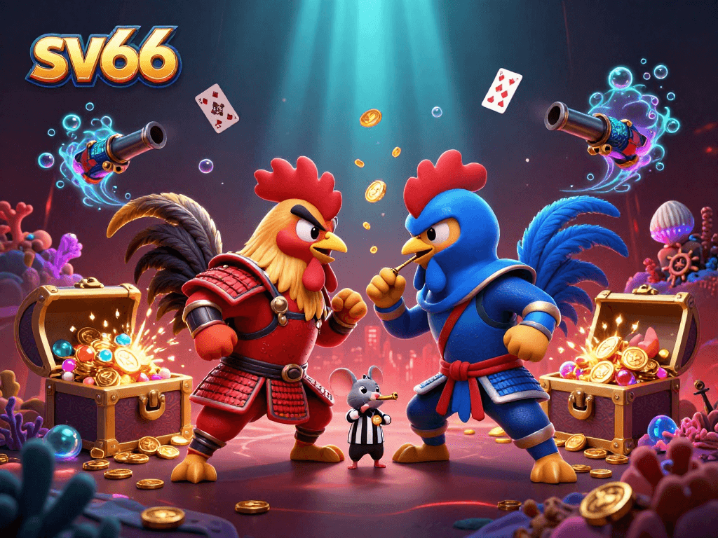 Bet on sv66 with thrilling dual cockfighting roosters in a vibrant casino scene.