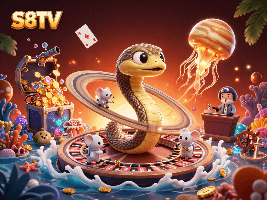 S8TV players betting on a cosmic roulette wheel while a jellyfish dealer floats by