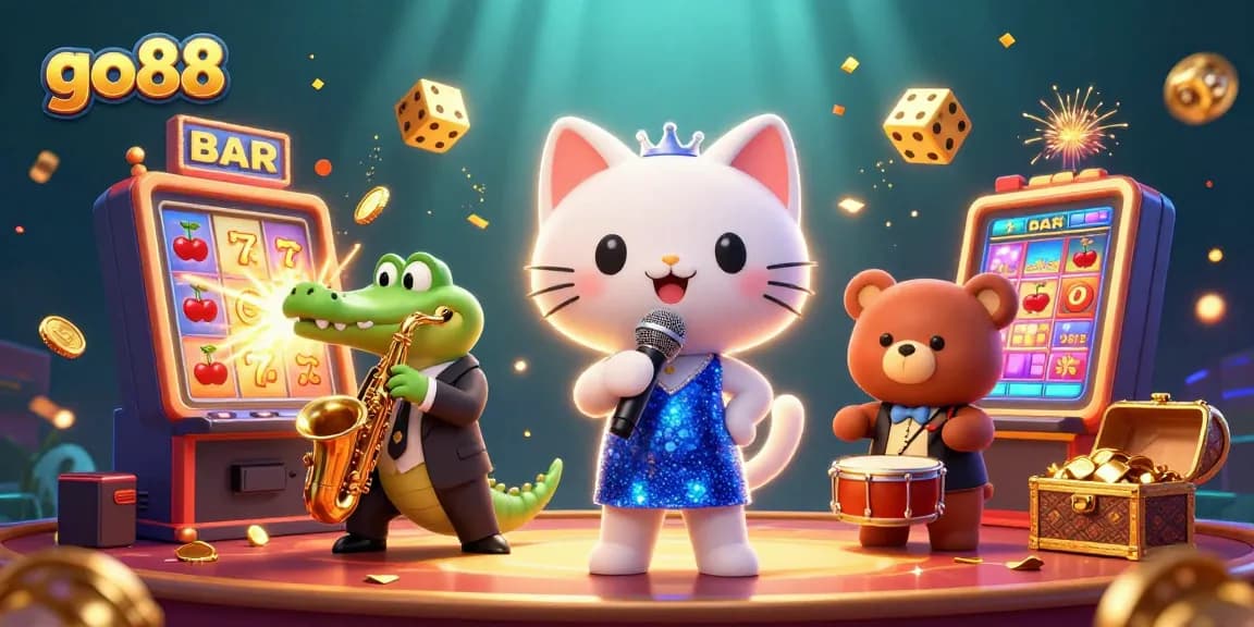 Experience go88's vibrant casino scene with unique characters, dynamic symbols, and festive elements.