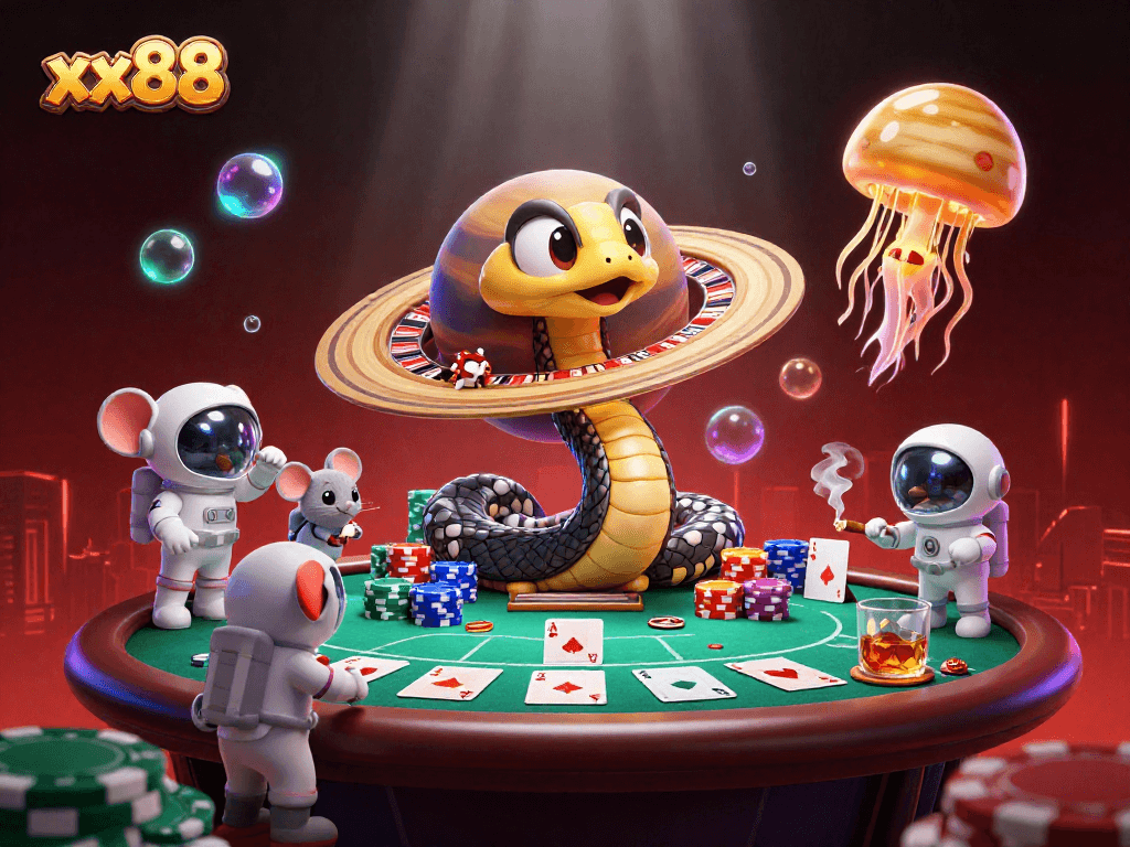Bet on xx88 with the Saturn ring snake and astronaut mice in this vibrant casino scene.