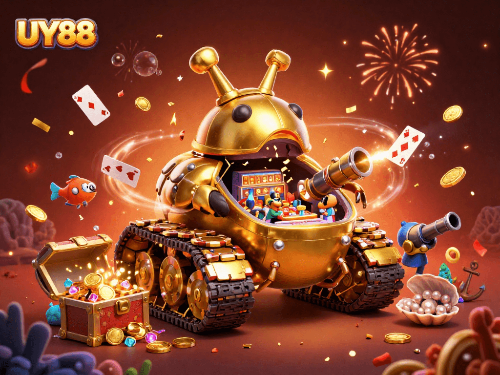Experience the thrill of UY88 with a vibrant casino scene featuring a golden beetle tank and underwater treasures.