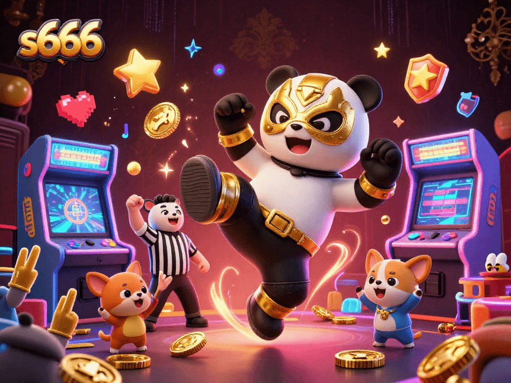 S666 casino gameplay featuring a wrestler panda and a chihuahua referee amid colorful gaming elements.