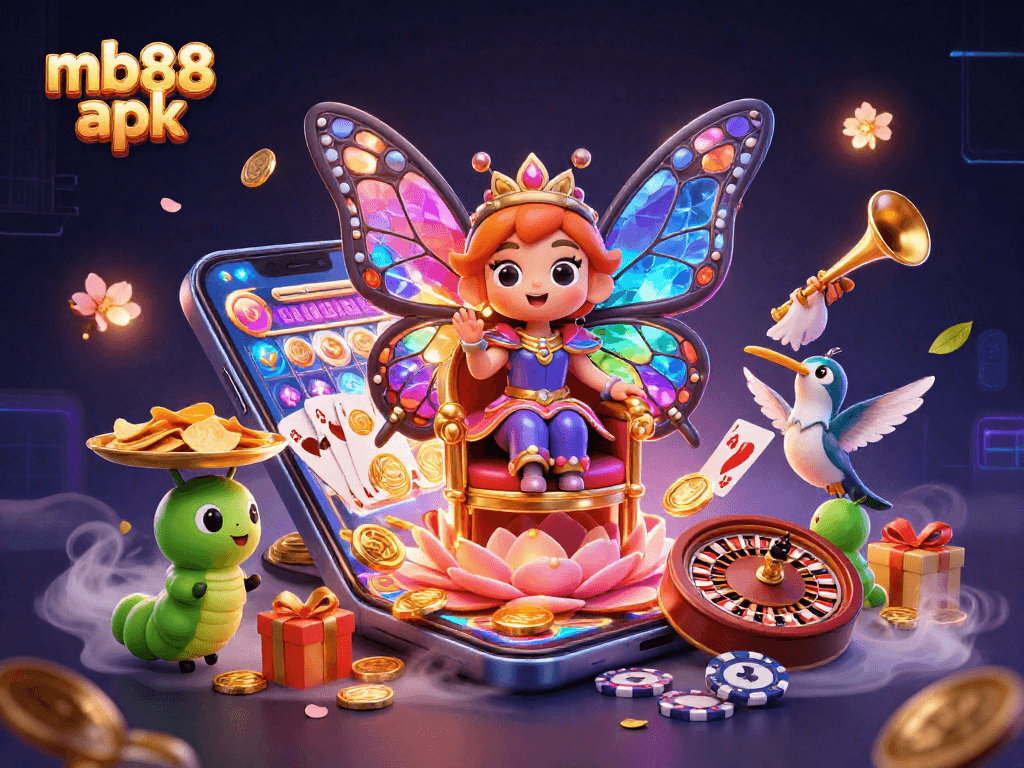 Engage in gaming with mb88 apk, featuring vibrant casino elements and animated characters.