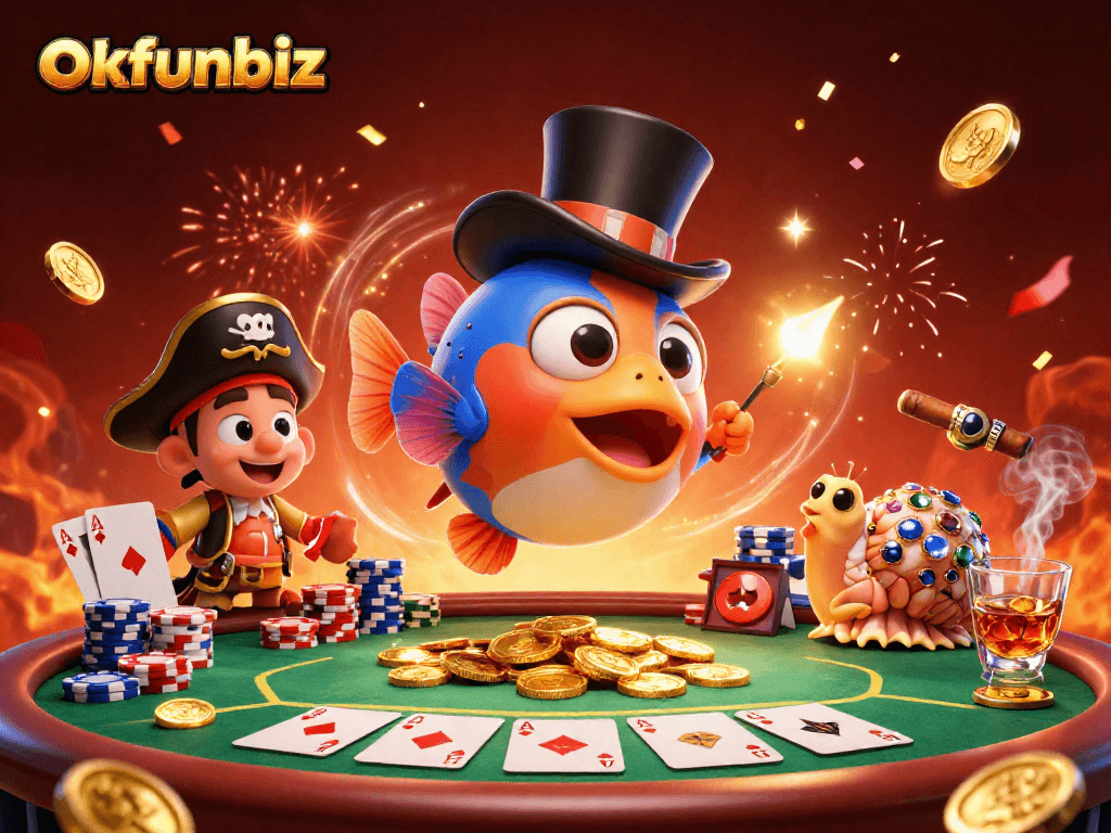 Engage in thrilling casino experiences at okfunbiz with a lively illustration showcasing a vibrant gaming scene.