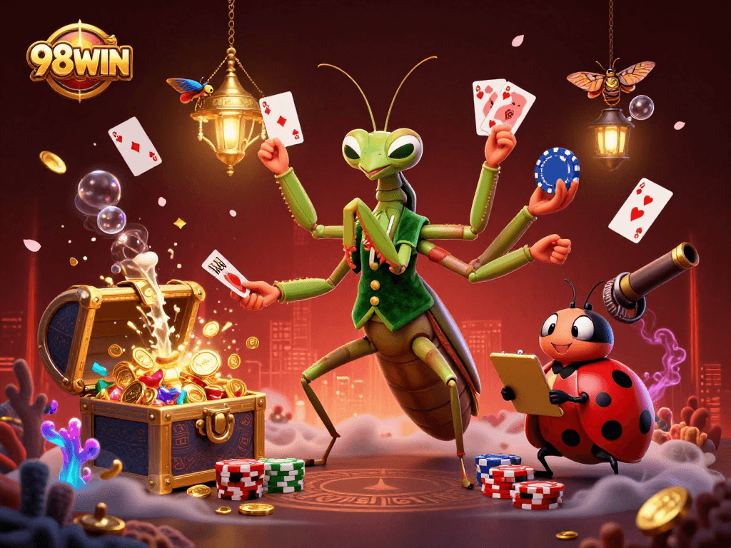 Experience winning strategies at 98WIN through dynamic casino games and lively characters in this vibrant illustration.