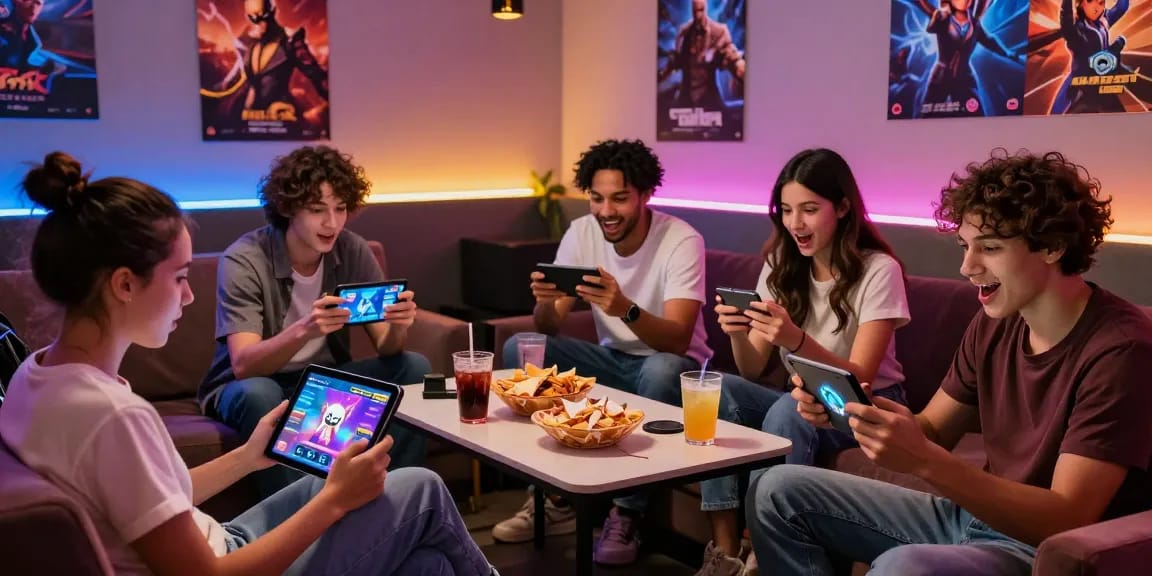 Friends enjoying android porn games in a vibrant gaming lounge, showcasing excitement and engagement.