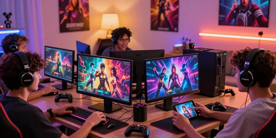 Engaging players enjoying xxx games on various devices in a vibrant gaming atmosphere.
