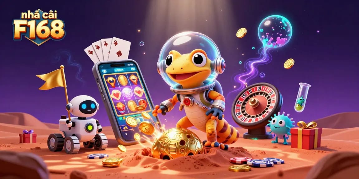 Experience the thrill of nhà cái F168 with a Martian gecko discovering a hidden casino.