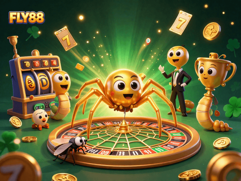 Experience the excitement at FLY88 with a colorful 3D casino scene showcasing thrilling slot machines, golden web, and dynamic characters.