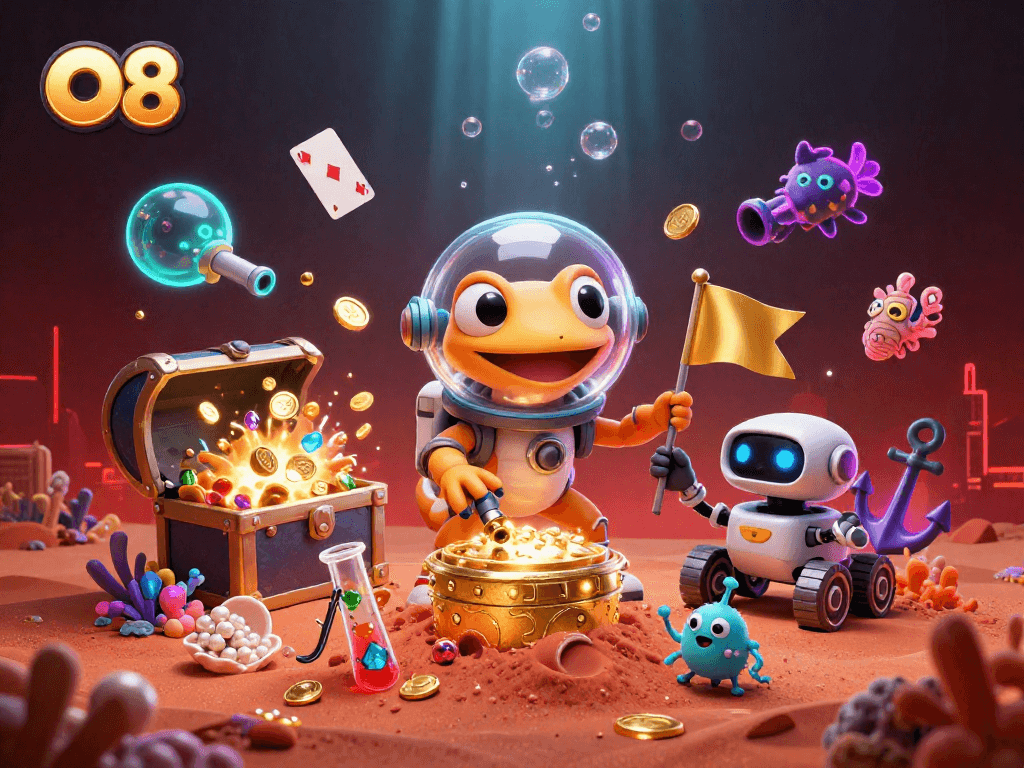 O8 showcases an exciting 3D scene with a cartoon gecko uncovering treasures in a Martian casino adventure.