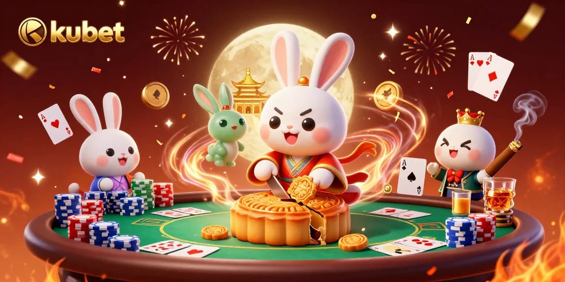 Experience the thrill of kubet with a vibrant 3D illustration of moon rabbits at a poker scene.