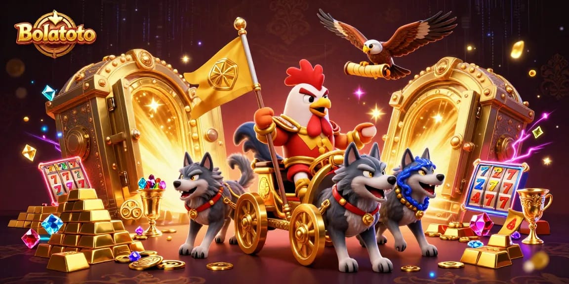 Bolatoto showcases a thrilling 3D casino scene with a rooster warlord amidst treasures.