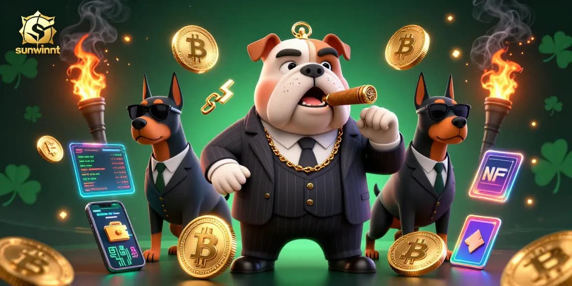 Join the fun with sunwinnt in this vibrant, crypto-themed casino illustration featuring dynamic characters and elements.