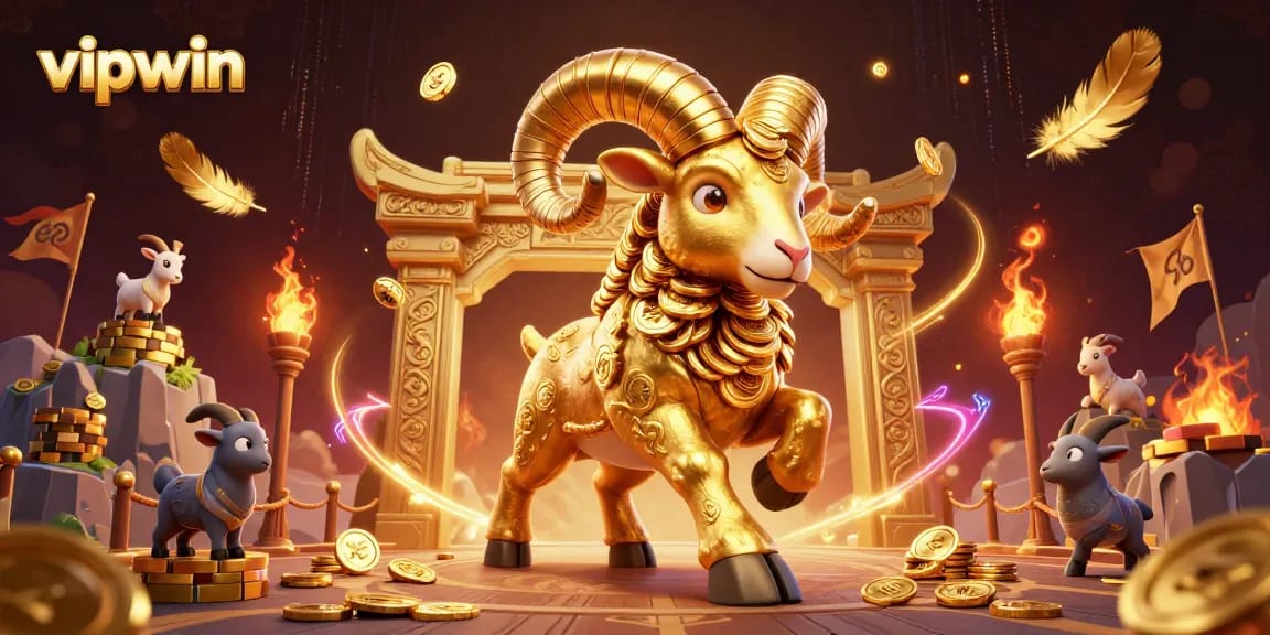 Experience the thrilling vipwin world through this vibrant cartoon illustration of a golden ram charging at a golden gate.