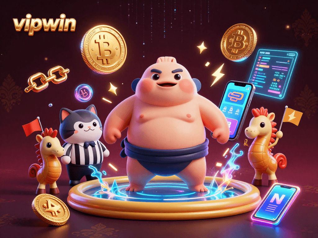 Join vipwin for thrilling adventures in online gambling with a dynamic, colorful 3D scene of a casino.