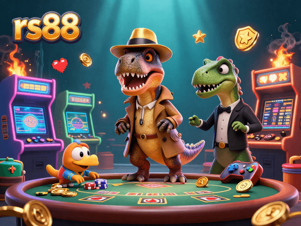 Witness the exciting action at rs88 with a velociraptor card counter and a stegosaurus pit boss in a vibrant casino.