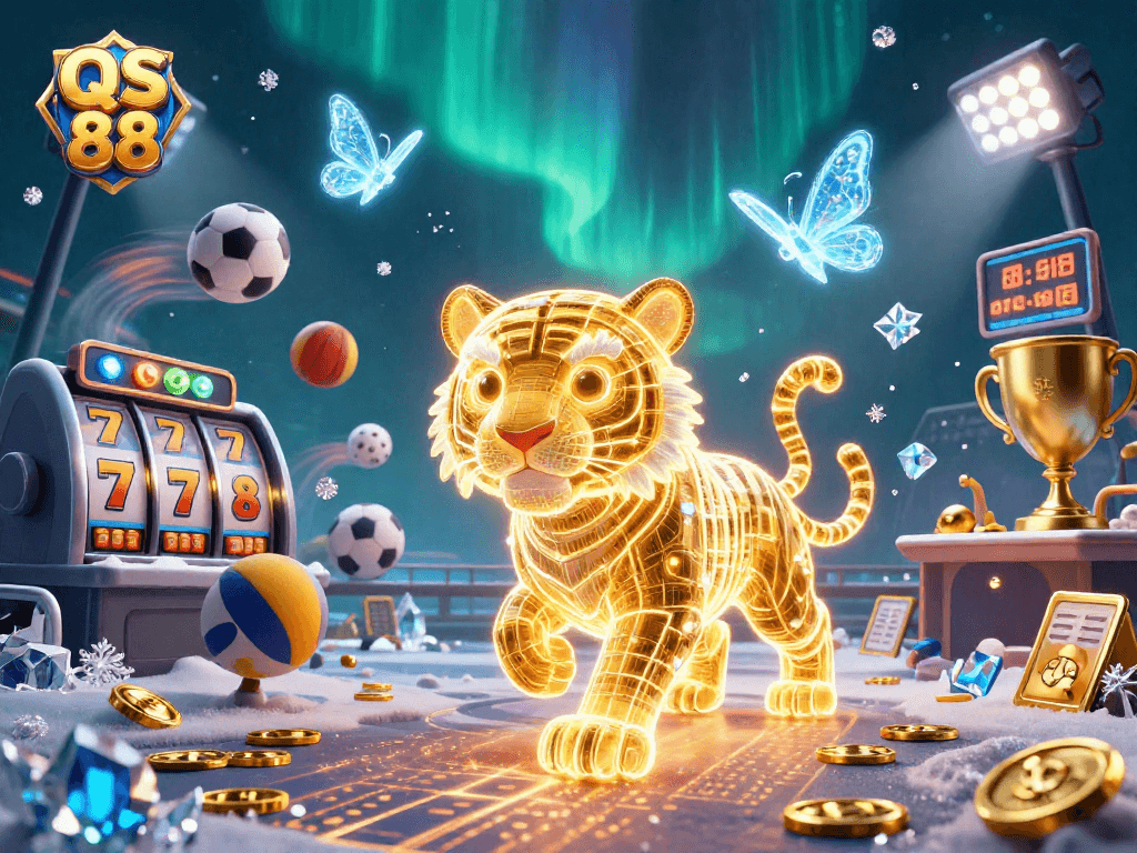 Experience thrilling gameplay at QS 88 with a dazzling golden tiger in a vibrant casino scene.