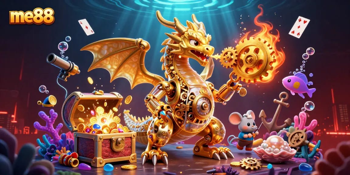 Experience exciting gameplay at me88 with a golden dragon illustrating dynamic underwater treasures and casino fun.