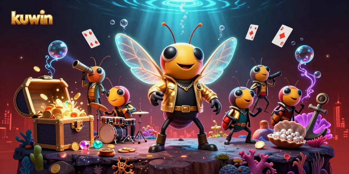 Kuwin's dynamic gaming scene featuring lively casino elements and a rock star cicada.