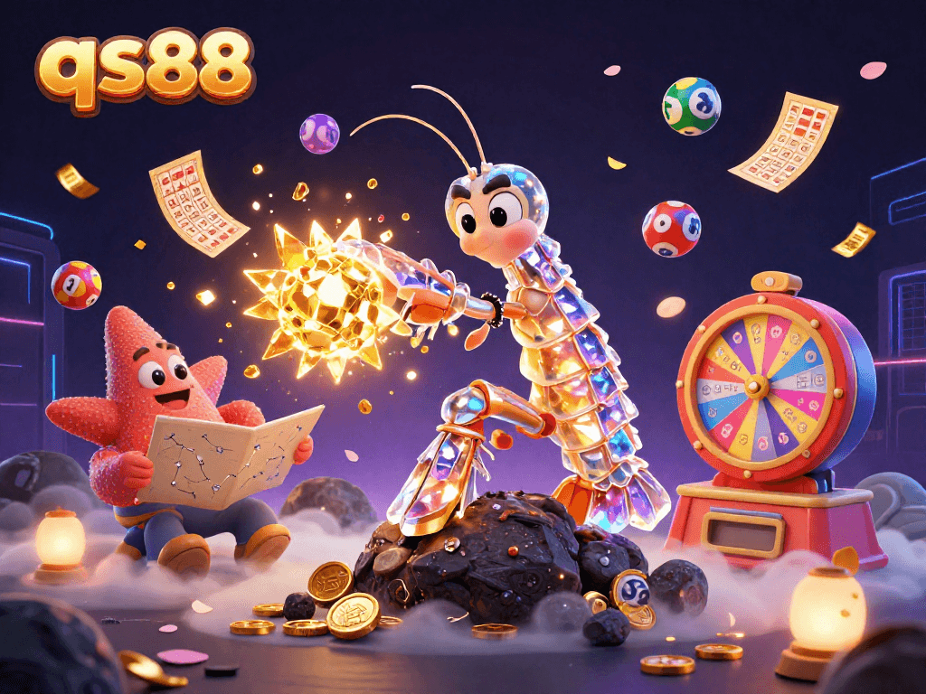 Engage with qs88's excitement featuring a galactic samurai mantis shrimp and a starfish navigating vibrant lottery elements in a casino scene.