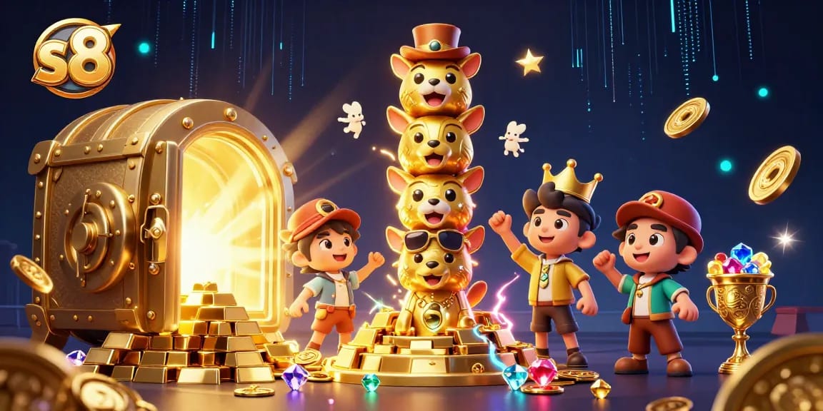 Engage with the vibrant s8 casino experience featuring a dynamic golden totem pole amidst treasure and gaming elements.