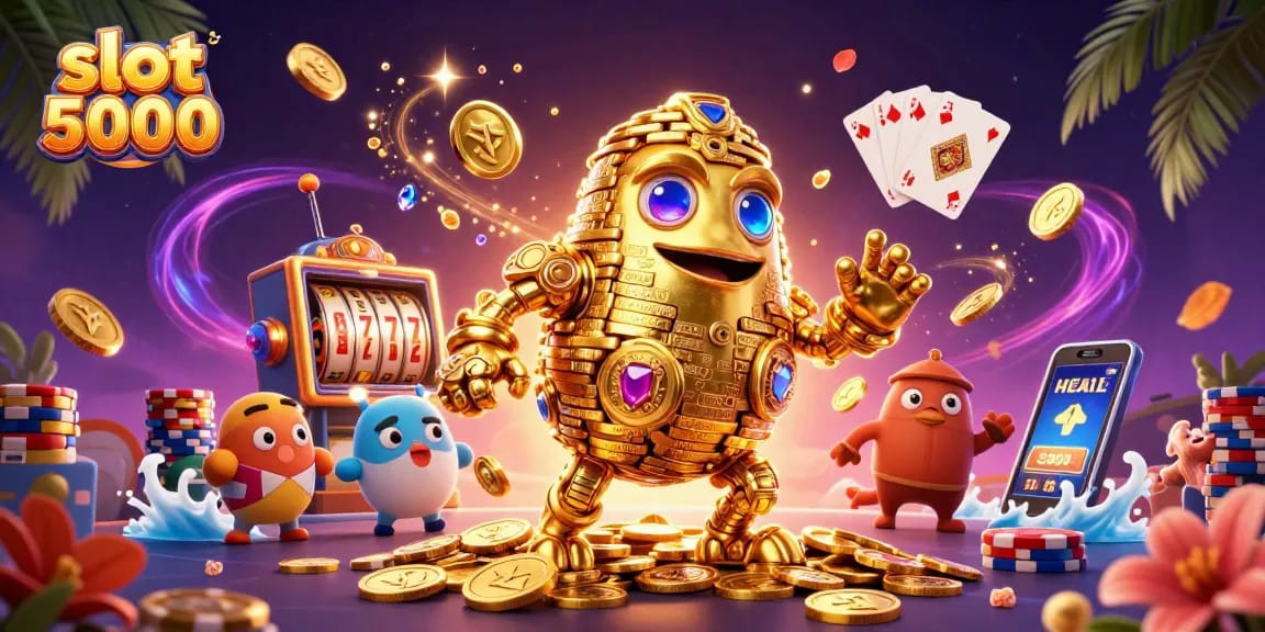 Spin the slot 5000 reels with the golden golem amidst sparkling gem stones and cascading coins.