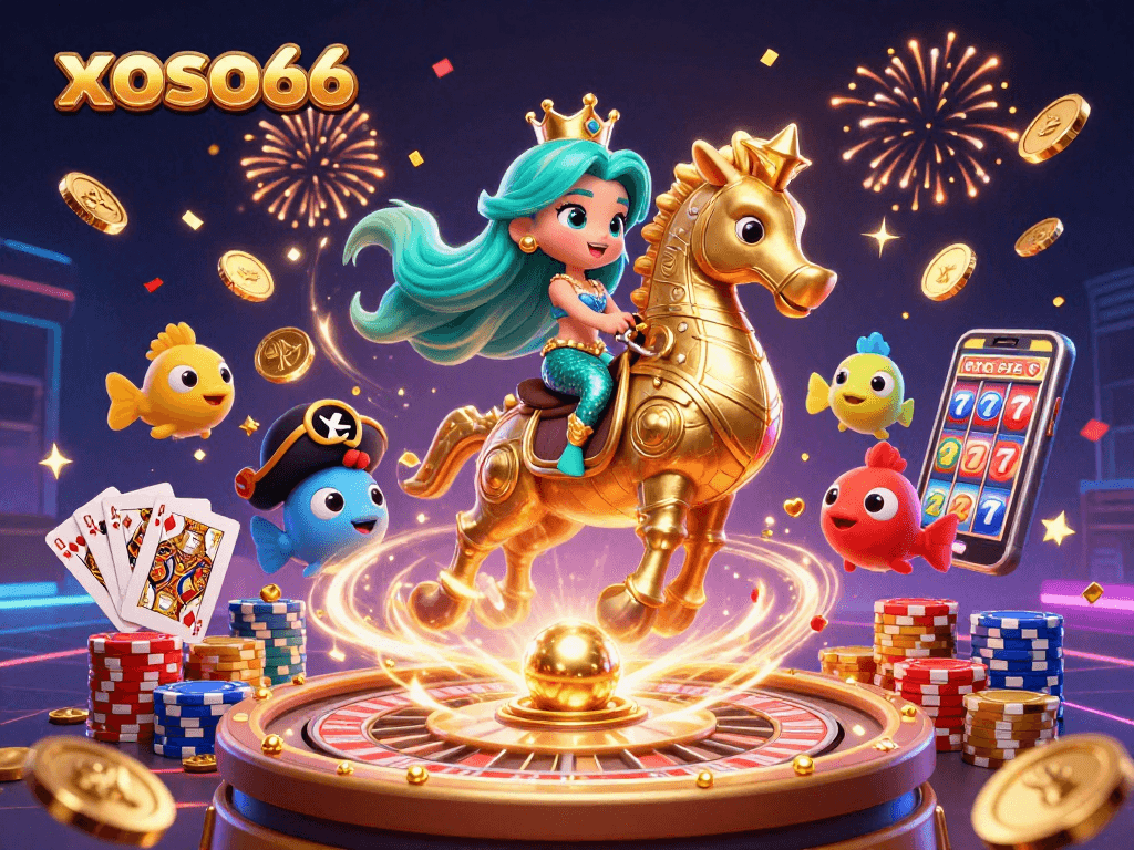 Experience the thrill of xoso66 with vibrant mermaid and seahorse surrounded by colorful gems and casino elements.