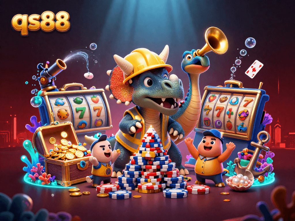 Experience the excitement of qs88 with a lively casino scene filled with cheerful characters and vibrant slot machines.