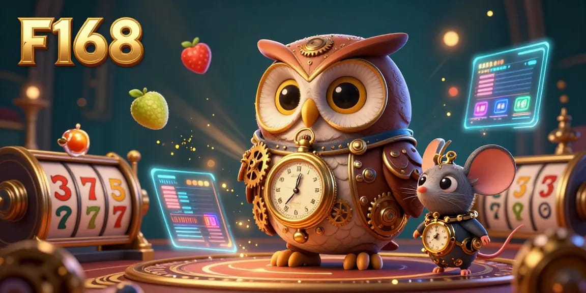 Experience the excitement of F168 with a dynamic 3D cartoon casino scene featuring time-traveling characters.