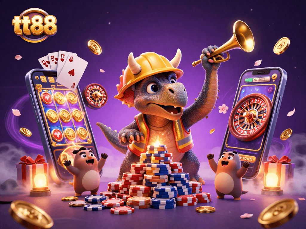 Engage with tt88's vibrant gaming world where a triceratops builds poker chip pyramids amidst casino excitement.