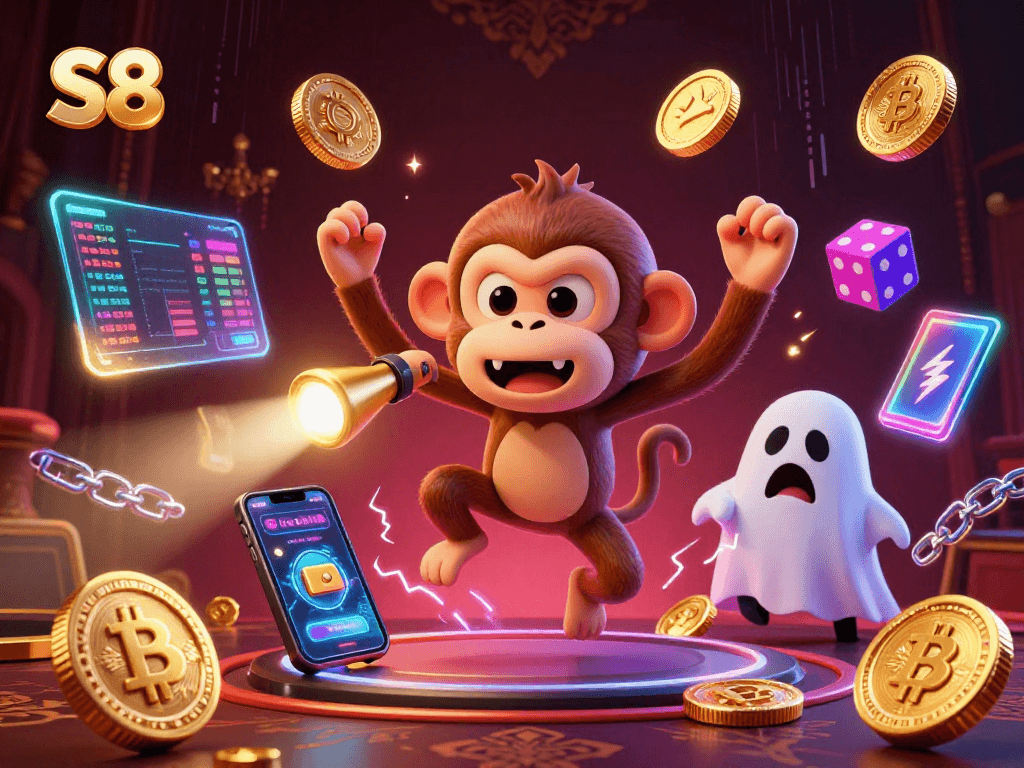 S8's rogue monkey juggles crypto coins in a haunted casino while a ghost-hunter puppy tracks it.