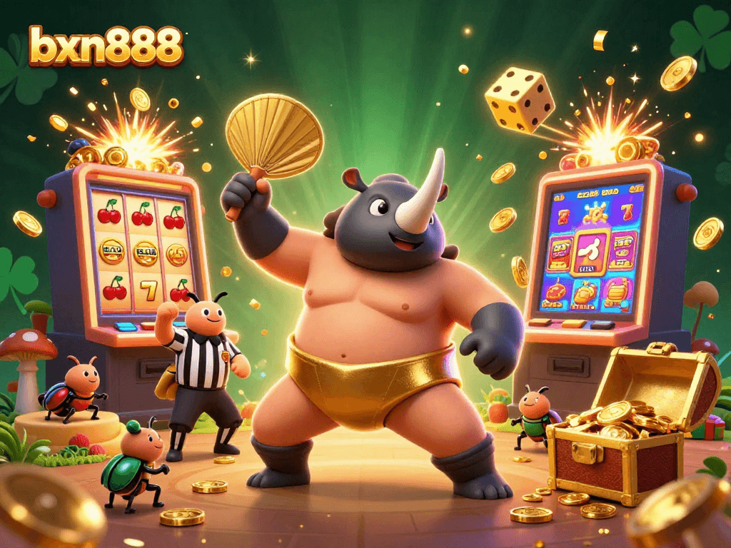Experience thrilling animations at bxn888 with a 3D sumo beetle stomping golden coins amidst an exciting casino backdrop.