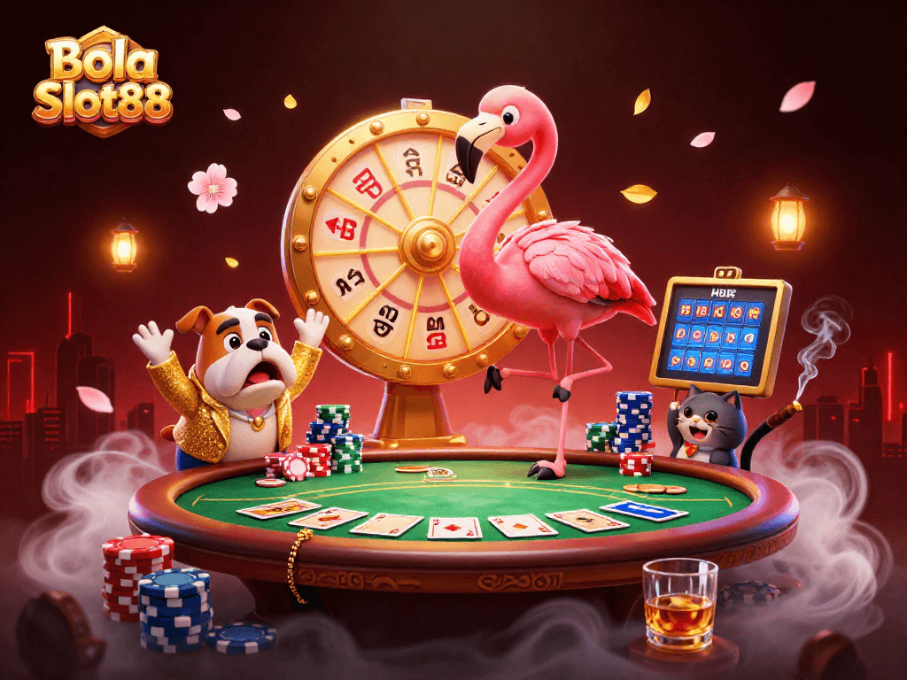 Bola Slot88 captures the excitement of gameplay with a flamingo host and bulldog contestant spinning a prize wheel.