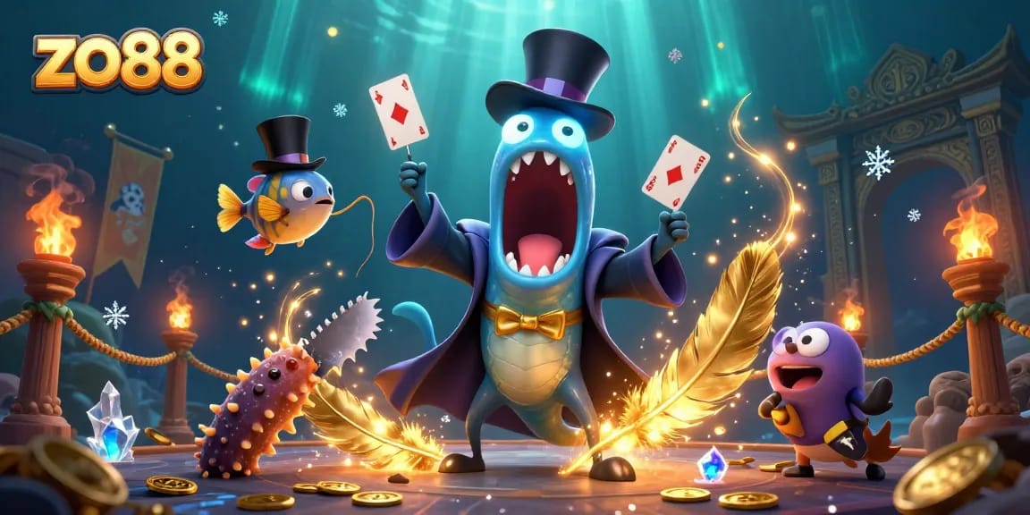 Immerse in the excitement of zo88 with a magical underwater scene featuring card tricks and glittering gold coins.