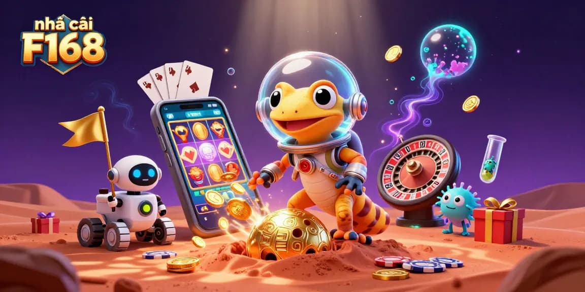 Experience the thrill of nhà cái F168 with a Martian gecko discovering a hidden casino.