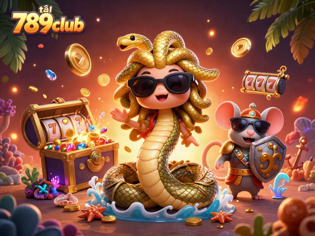 Win big with tải 789club in a vibrant casino scene featuring Medusa and treasures.