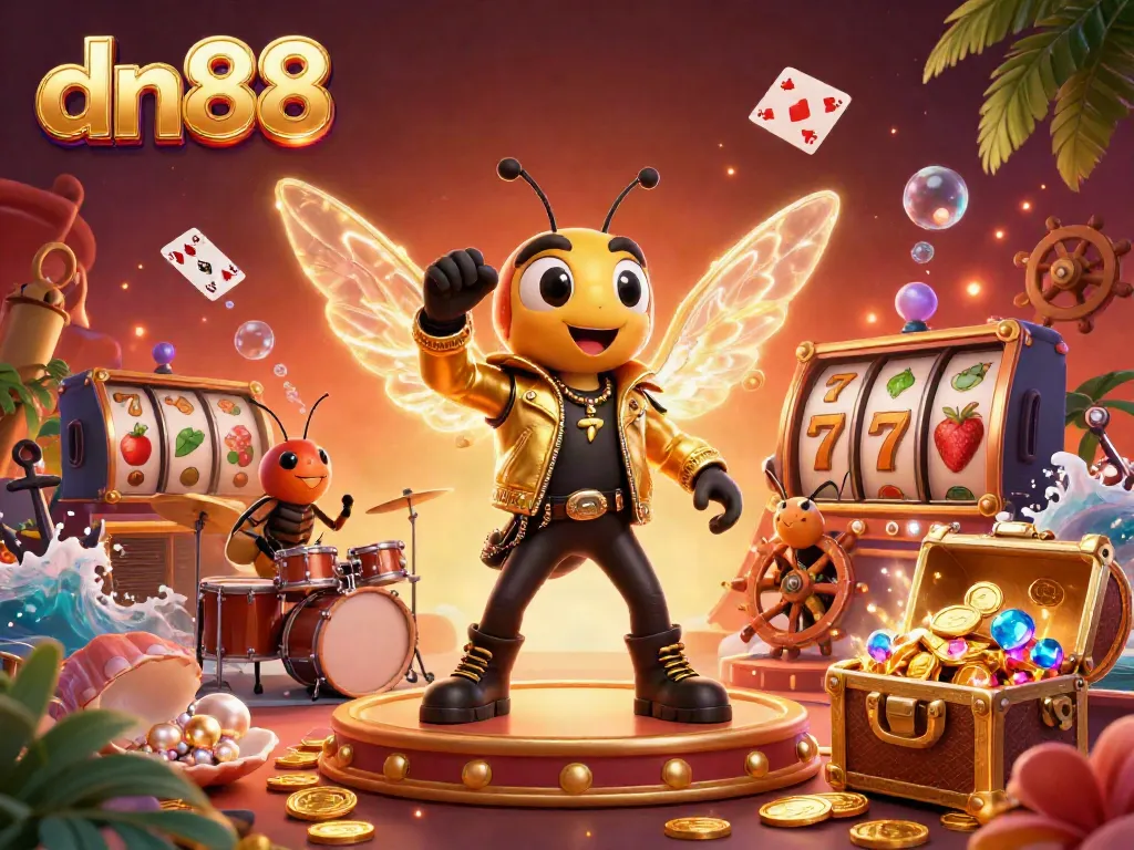 Win big with dn88: thrilling 3D illustration of a vibrant casino scene featuring a rock star cicada and gaming elements.
