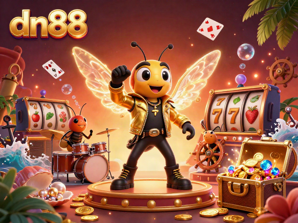 Win big with dn88: thrilling 3D illustration of a vibrant casino scene featuring a rock star cicada and gaming elements.