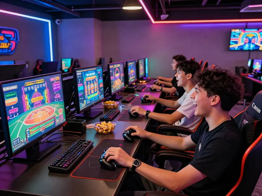 Lumbung88 gaming lounge scene with players engaged in vibrant casino games and colorful visuals.