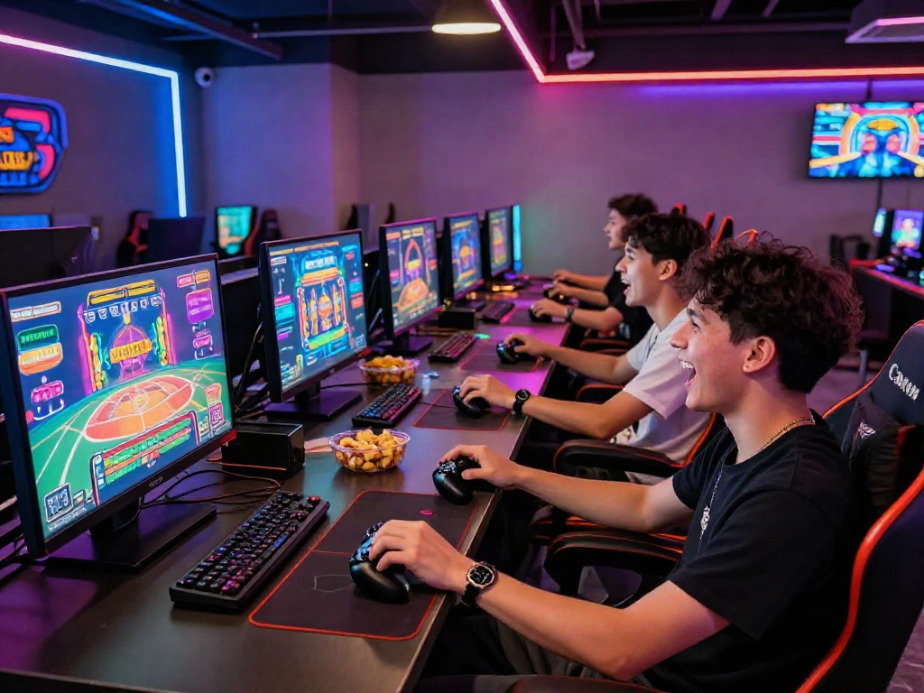 Lumbung88 gaming lounge scene with players engaged in vibrant casino games and colorful visuals.