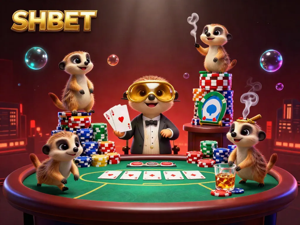 Engage with SHBET in a vibrant meerkat casino scene showcasing dynamic card dealing and bustling gameplay.