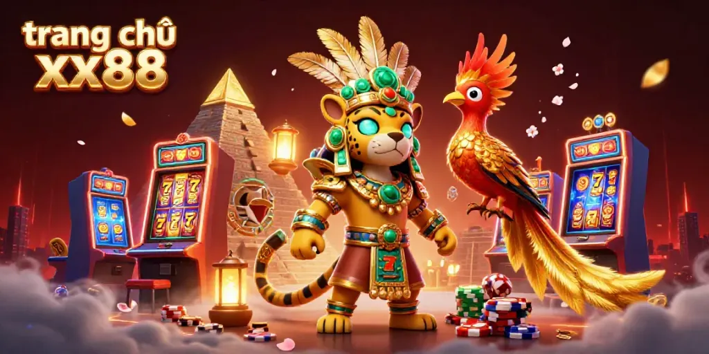 Experience the thrilling atmosphere of trang chủ xx88 with a vibrant 3D illustration of a Mayan jaguar priest and lucky symbols.