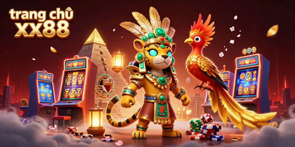 Experience the thrilling atmosphere of trang chủ xx88 with a vibrant 3D illustration of a Mayan jaguar priest and lucky symbols.