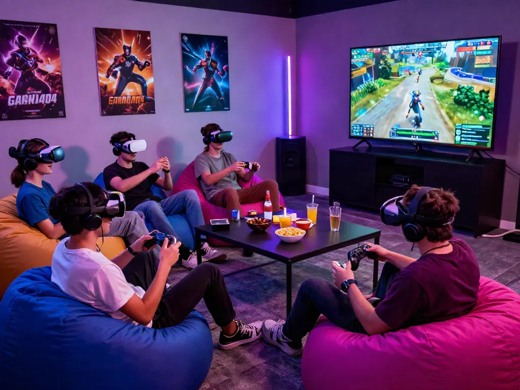 Friends enjoying competitive gaming session on garuda404 platform in lively lounge.