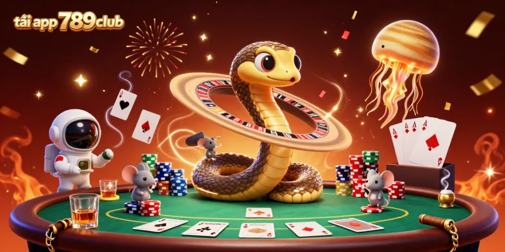 Experience excitement as you tải app 789club, with a vibrant casino scene featuring a cosmic dealer and playful mice.