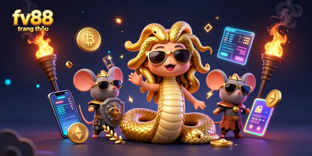 Experience excitement at fv88 trang chủ with Medusa and a warrior mouse, surrounded by glowing crypto coins.