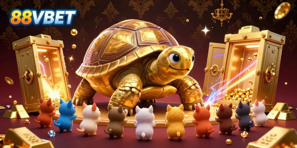 Engage with 88VBET's thrilling casino experience featuring a dynamic pinball machine tortoise and a treasure vault explosion.