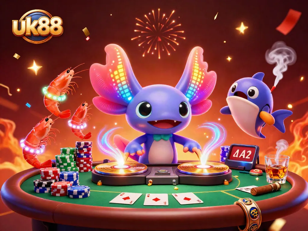 Experience thrilling gaming with uk88 showing a neon axolotl DJ and vibrant casino elements.